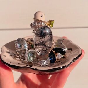 Oval Black and Clear Tournaline and sterling Silver Statement Ring adjustable